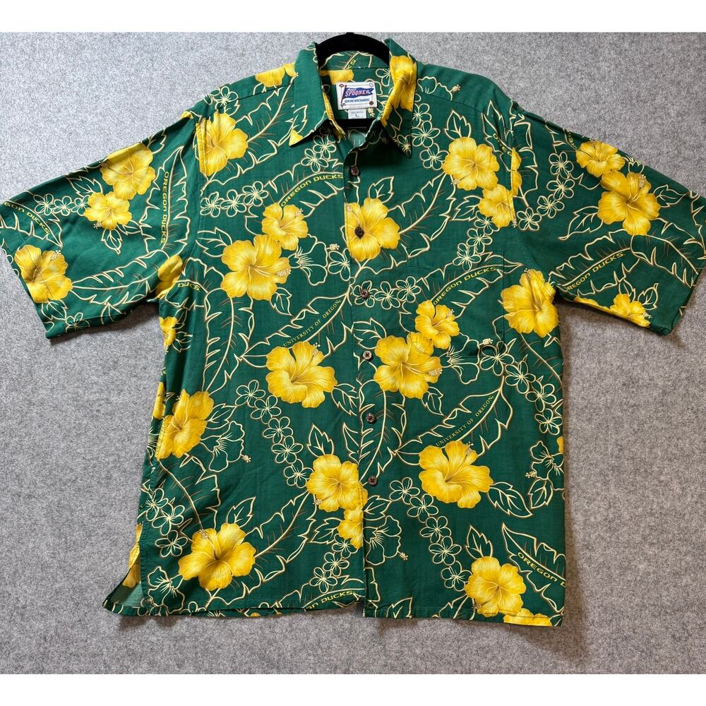 Reyn Spooner Oregon Ducks Hawaiian Aloha Shirt Large Rayon Floral